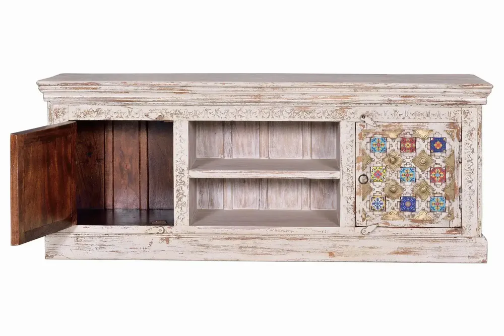 TV stands - Mango wood TV cabinet with ceramic details - GINER Y COLOMER