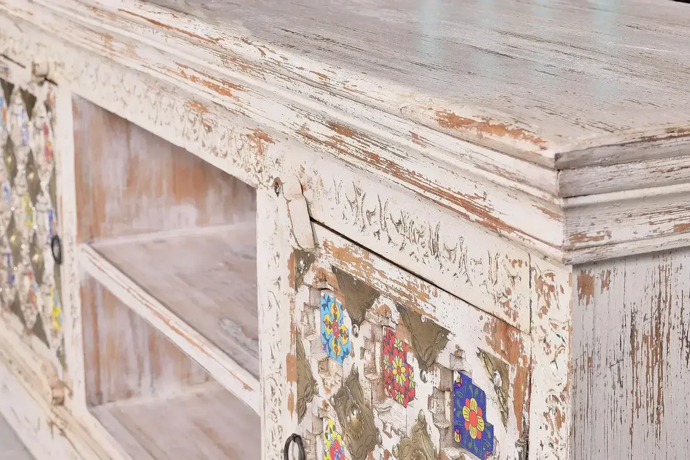 TV stands - Mango wood TV cabinet with ceramic details - GINER Y COLOMER
