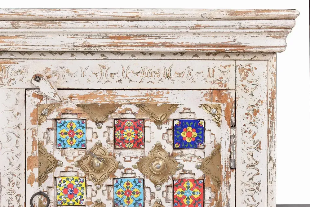 TV stands - Mango wood TV cabinet with ceramic details - GINER Y COLOMER