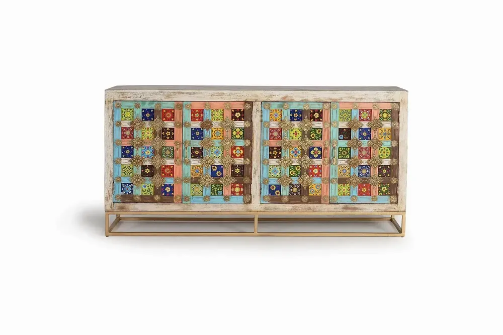 Buffets - Buffet en bois de manguier avec details en maiolique et pieds en métal - GINER Y COLOMER