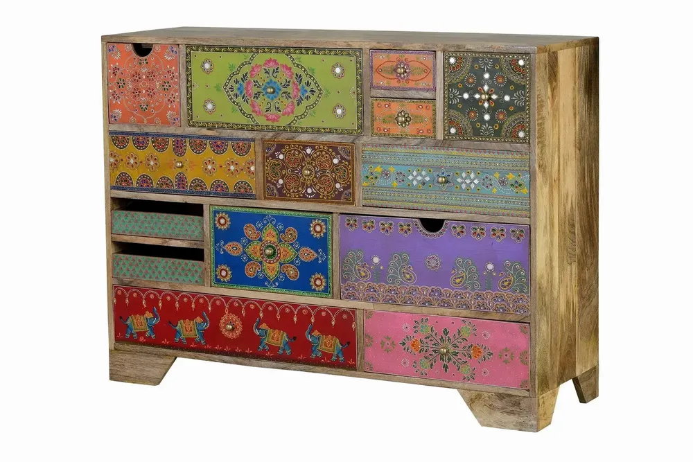 Chests of drawers - Mango wood chest of drawers with hand-painted multi-colored details - GINER Y COLOMER