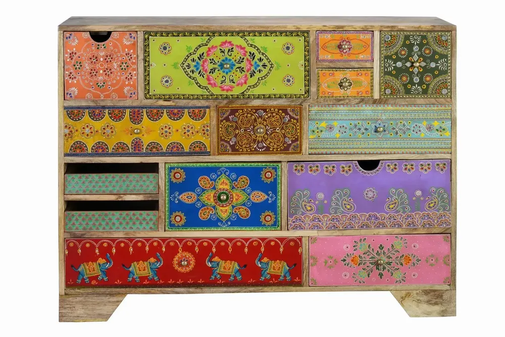 Chests of drawers - Mango wood chest of drawers with hand-painted multi-colored details - GINER Y COLOMER