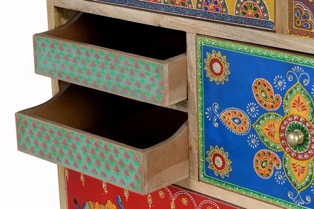 Chests of drawers - Mango wood chest of drawers with hand-painted multi-colored details - GINER Y COLOMER