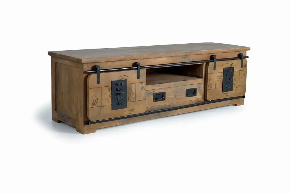 TV stands - Industrial style mango wood TV cabinet with two doors - GINER Y COLOMER