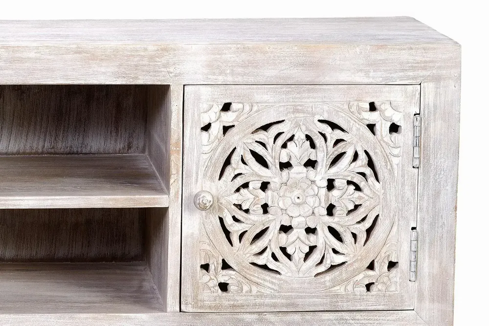 TV stands - Mango wood TV cabinet and aged white metal legs - GINER Y COLOMER
