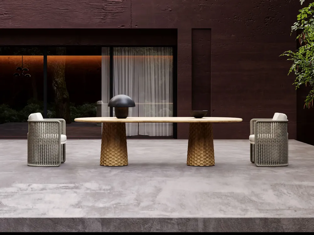 Tables de jardin - Table de salle à manger en teck sculpté Miura-bisque - SNOC