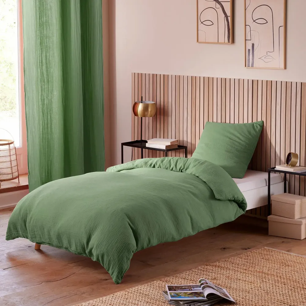 Linge de lit - Parure de Couette Gaze de Coton 140 x 200 cm + 1 Taie d'oreiller 65 x 65 cm Olive - COTON PUR