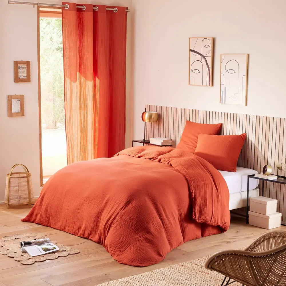Linge de lit - Parure de Couette Gaze de Coton 240 x 220 cm + 2 Taies d'oreiller 65 x 65 cm Terracotta - COTON PUR