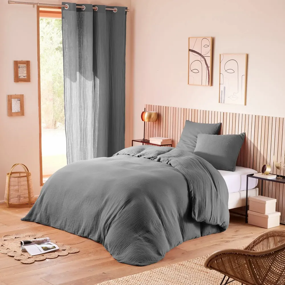 Linge de lit - Pack Housse de couette Complet 4 Pièces Gaze de Coton 260 x 240 cm Dh 180 Ardoise - COTON PUR