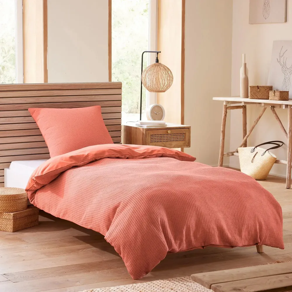 Linge de lit - Parure de couette 140x200cm + 1 taie d'oreiller 65X65cm nid d'abeille Blush - COTON PUR