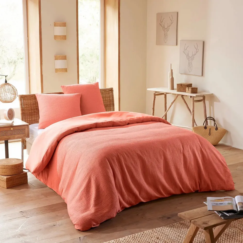 Linge de lit - Parure de couette 260x240cm + 2 taies d'oreiller 65X65cm nid d'abeille Blush - COTON PUR