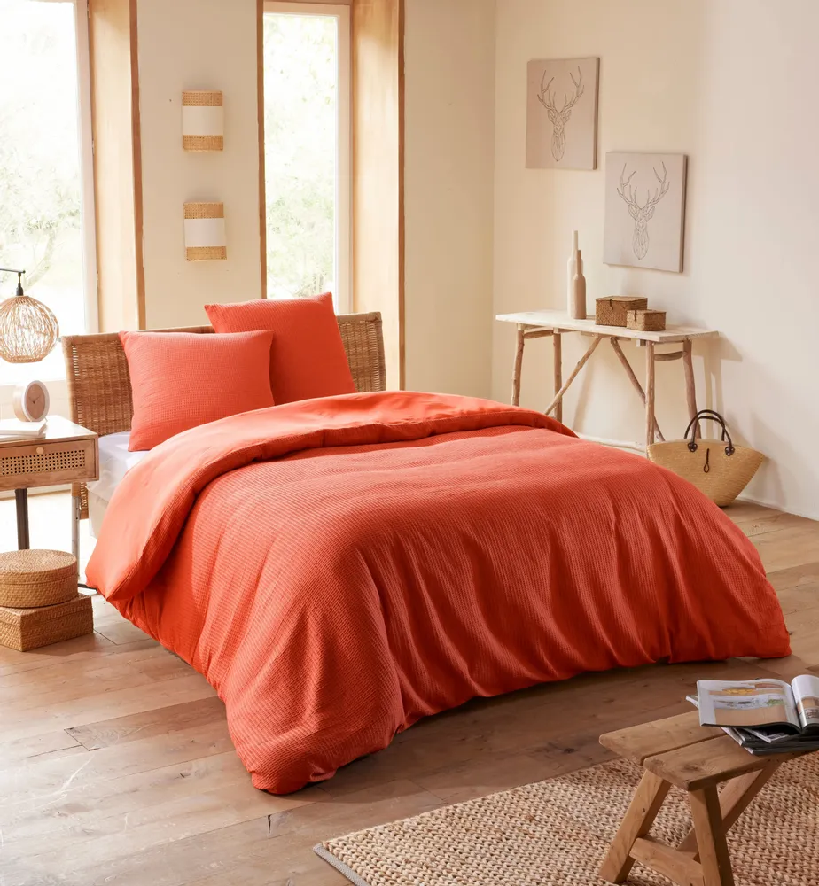 Bed linens - Duvet set 260x240cm + 2 pillowcases 65X65cm honeycomb Terracotta - COTON PUR