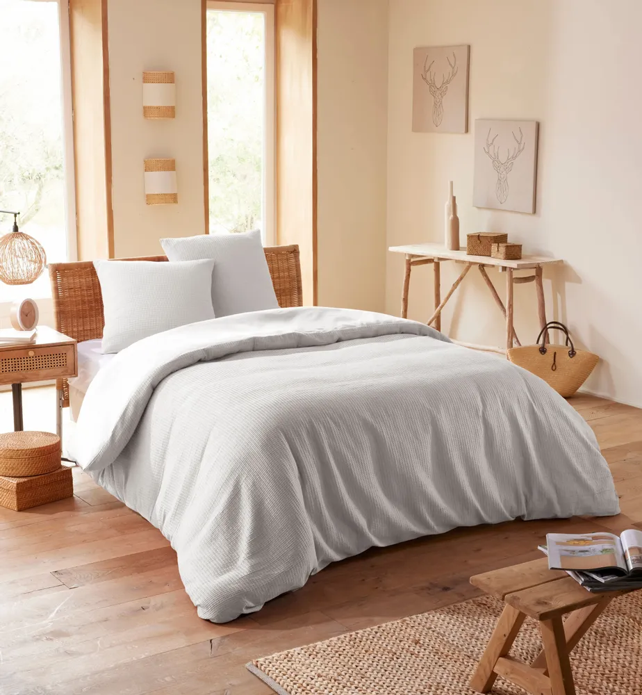 Linge de lit - Parure de couette 260x240cm + 2 taies d'oreiller 65X65cm nid d'abeille Perle - COTON PUR