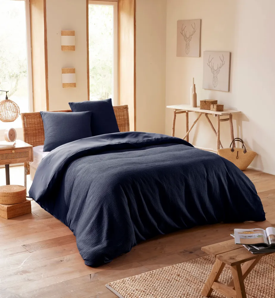 Linge de lit - Parure de couette 260x240cm + 2 taies d'oreiller 65X65cm nid d'abeille Orage - COTON PUR