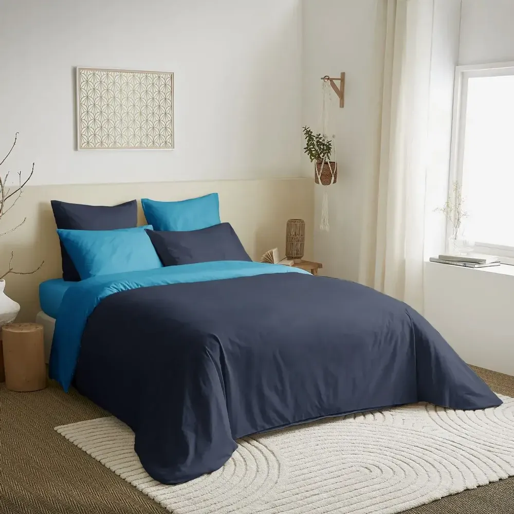 Linge de lit - Pack Complet Housse de couette Bicolore 220 x 240 cm - Drap housse 160 x 200 cm - 100% Coton 57 Fils - COTON PUR