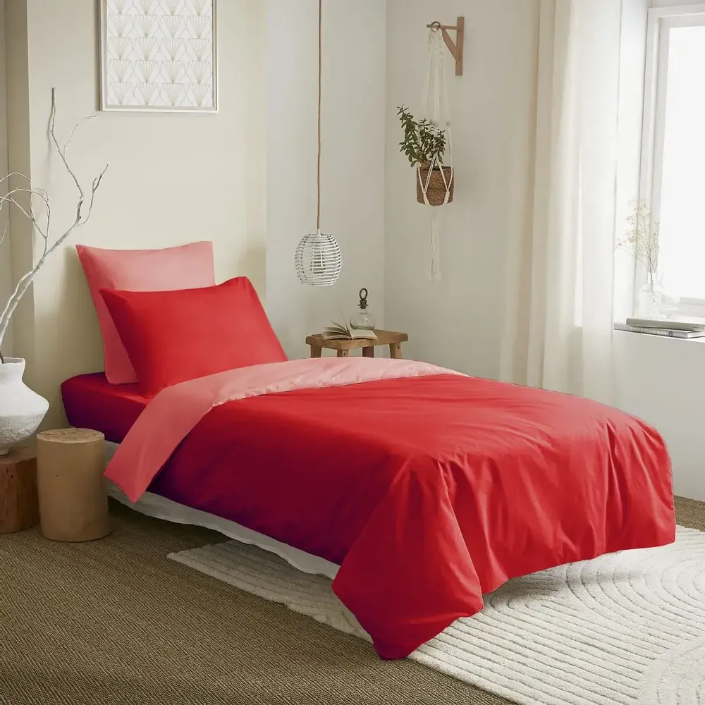 Linge de lit - Pack Complet Housse de couette Bicolore 140 x 200 cm - Drap housse 90 x 190 cm - 100% Coton 57 Fils - COTON PUR