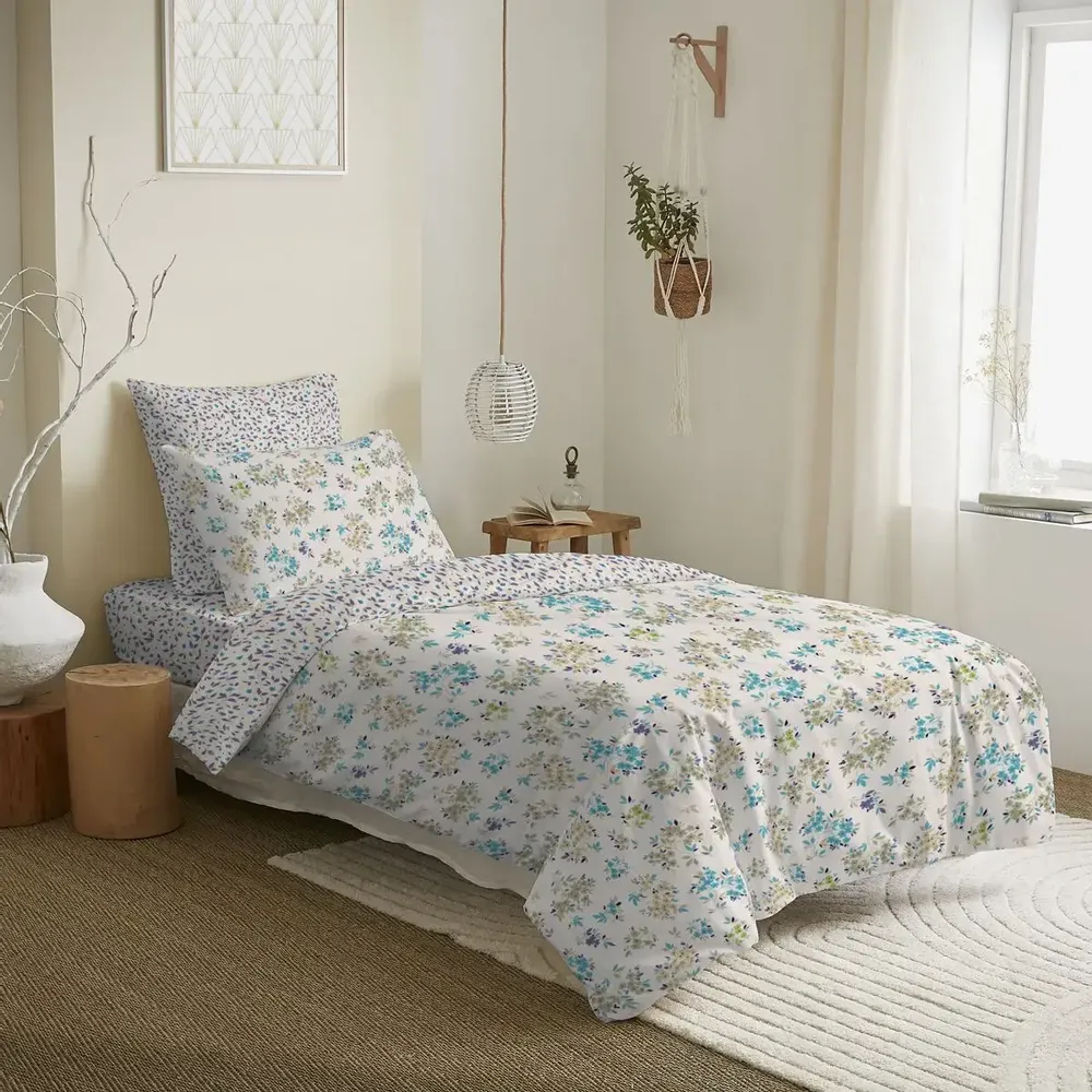 Linge de lit - Pack Complet Housse de couette Imprimé 140 x 200 cm - Drap housse 90 x 190 cm - 100% Coton 57 Fils - COTON PUR