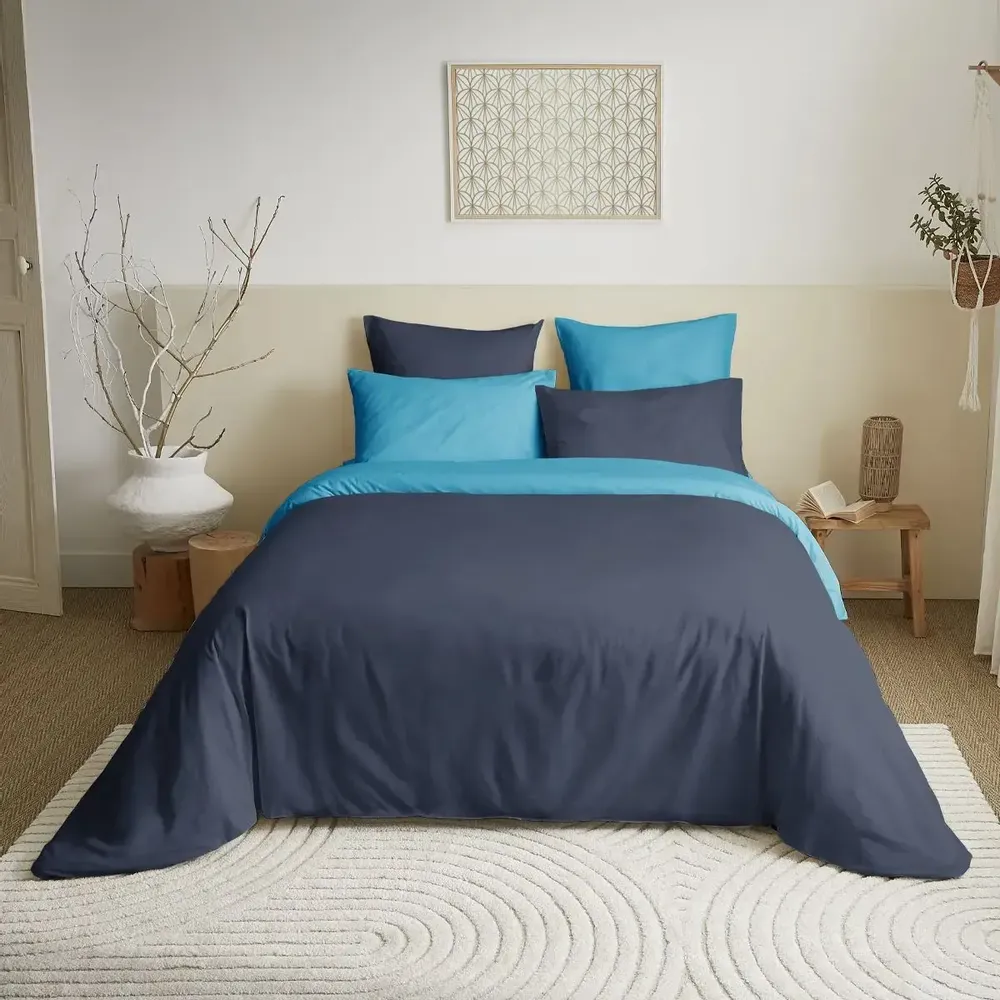 Linge de lit - Pack Complet Housse de couette Bicolore 220 x 240 cm - Drap housse 160 x 200 cm - 100% Coton 57 Fils - COTON PUR