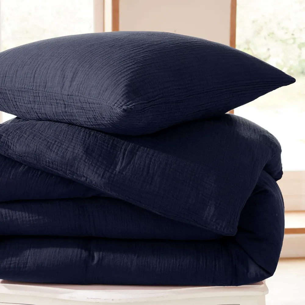 Linge de lit - Pack Housse de couette Complet 4 Pièces Gaze de Coton 240 x 220 cm Dh 140 Bleu Nuit - COTON PUR