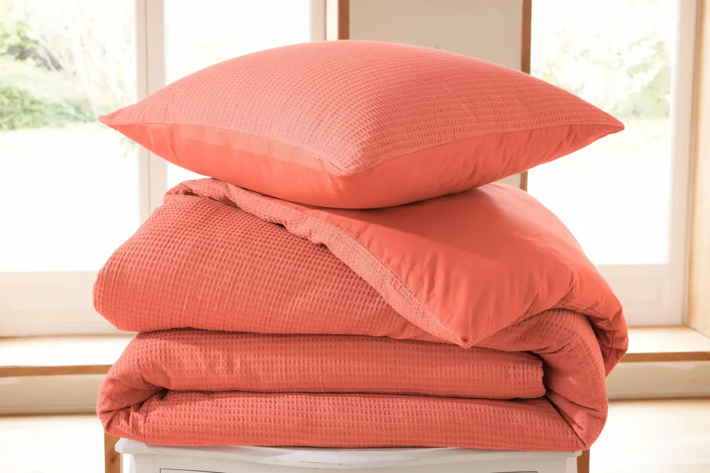 Linge de lit - Parure de couette 260x240cm + 2 taies d'oreiller 65X65cm nid d'abeille Blush - COTON PUR