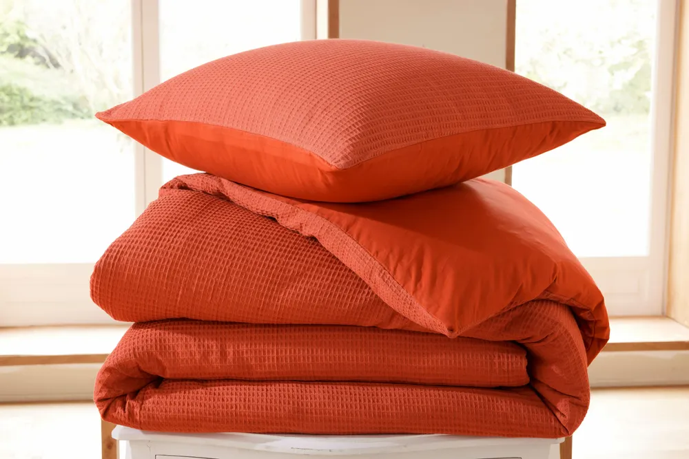 Bed linens - Duvet set 260x240cm + 2 pillowcases 65X65cm honeycomb Terracotta - COTON PUR