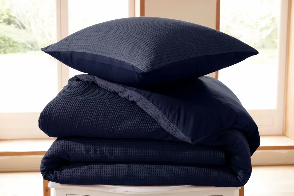 Linge de lit - Parure de couette 260x240cm + 2 taies d'oreiller 65X65cm nid d'abeille Orage - COTON PUR