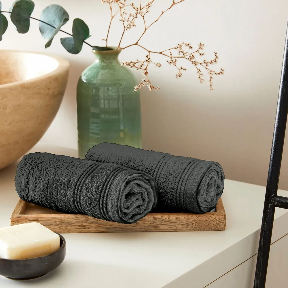 Bath towels - Set of 2 100% Cotton "Spa" Terry Guest Towels 30 x 50 cm Slate - COTON PUR