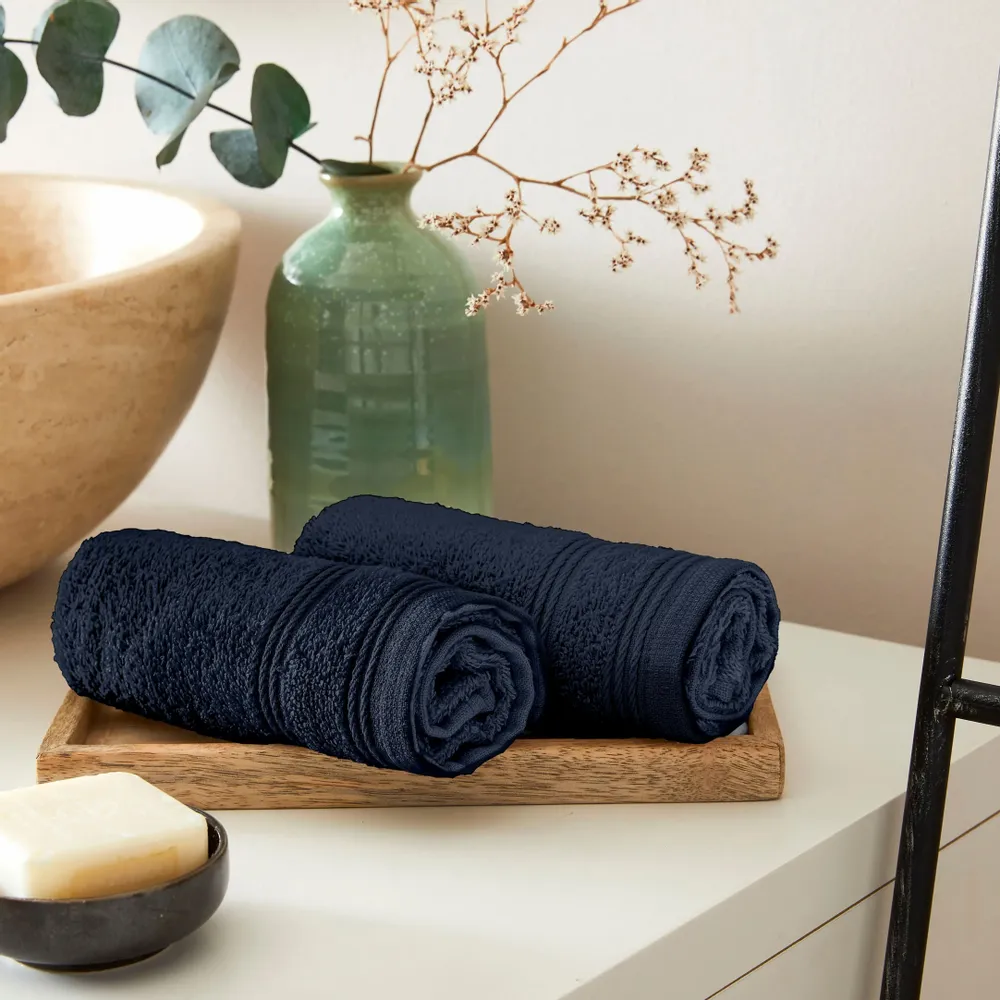 Bath towels - Set of 2 100% Cotton "Spa" Terry Guest Towels 30 x 50 cm Midnight Blue - COTON PUR