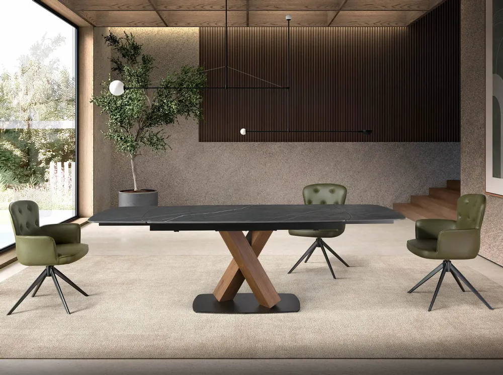 Dining Tables - Oval extending dining table with porcelain marble and walnut barrel - ANGEL CERDÁ