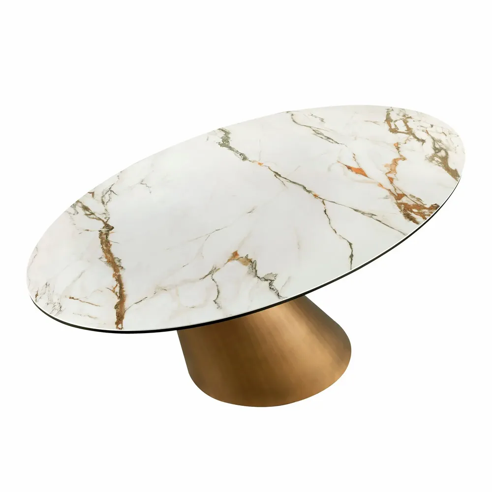 Dining Tables - Oval dining table with porcelain marble and bronze-coloured steel barr - ANGEL CERDÁ