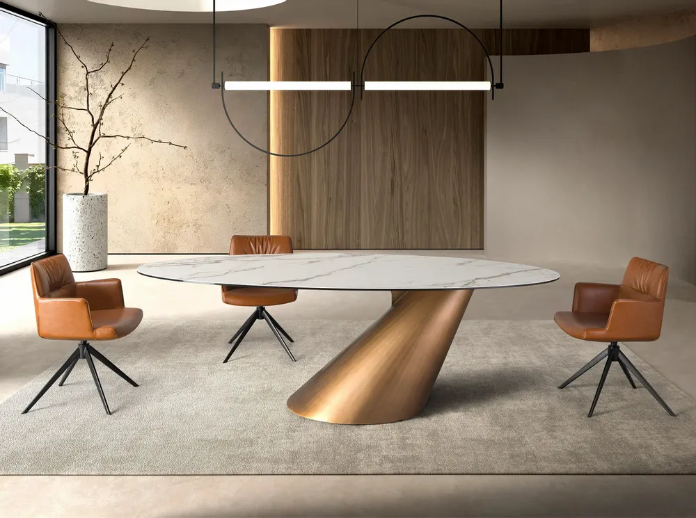 Dining Tables - Oval dining table with porcelain marble and bronze-coloured steel barr - ANGEL CERDÁ