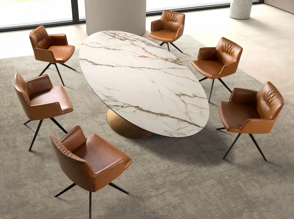 Dining Tables - Oval dining table with porcelain marble and bronze-coloured steel barr - ANGEL CERDÁ