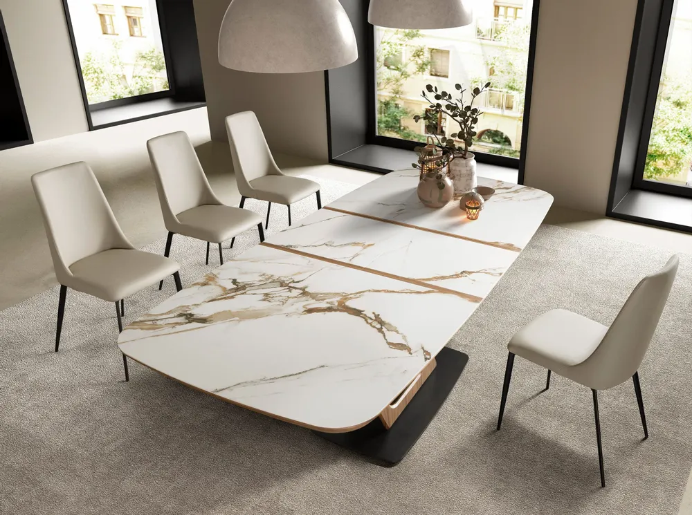Dining Tables - Oval extending dining table with porcelain marble and walnut barrel - ANGEL CERDÁ