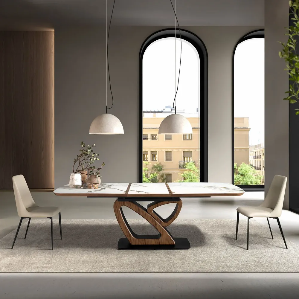 Dining Tables - Oval extending dining table with porcelain marble and walnut barrel - ANGEL CERDÁ