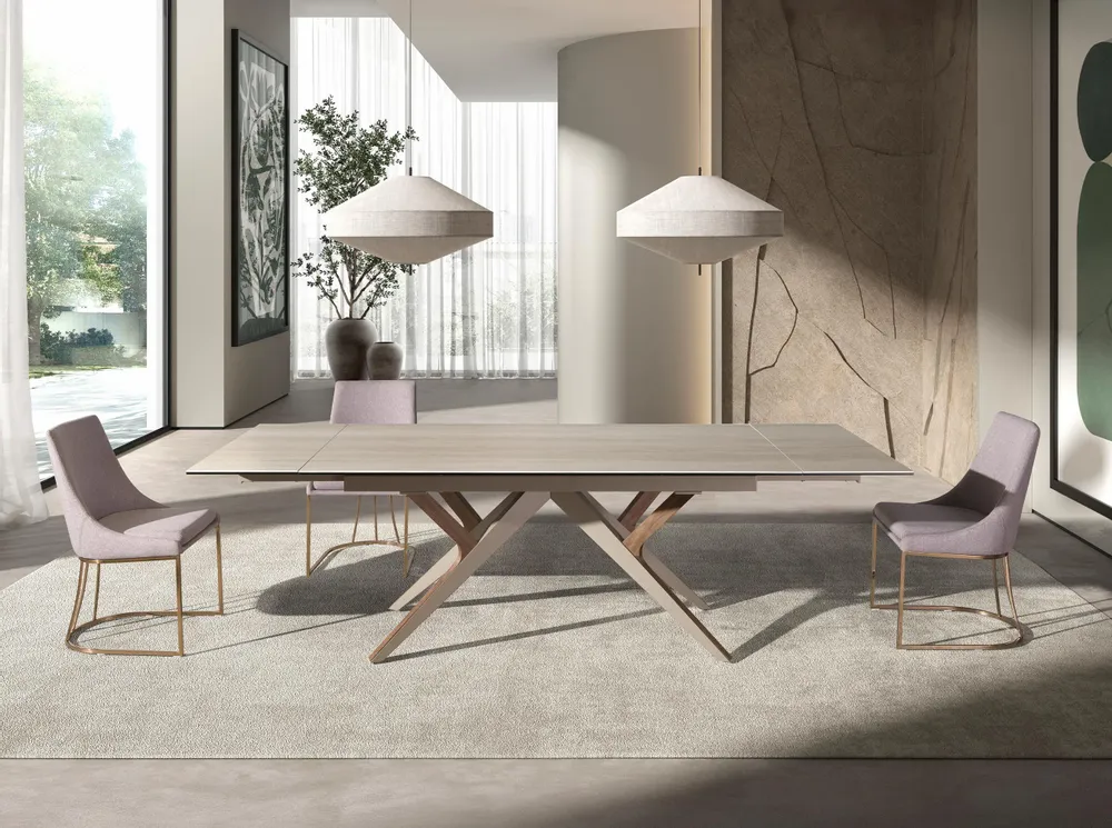 Dining Tables - Rectangular extending dining table in porcelain marble, metallic sand - ANGEL CERDÁ