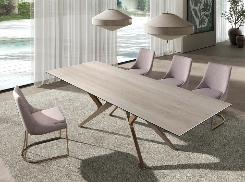 Dining Tables - Rectangular extending dining table in porcelain marble, metallic sand - ANGEL CERDÁ