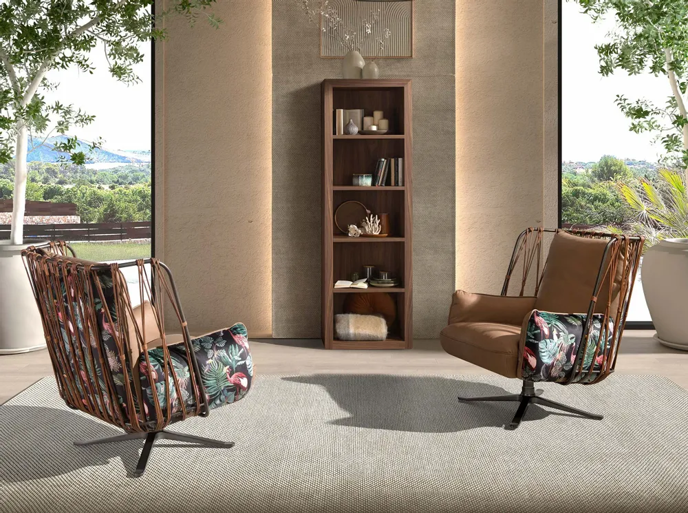 Fauteuils - Fauteuil pivotant en cuir et tissu marron imprimé - ANGEL CERDÁ