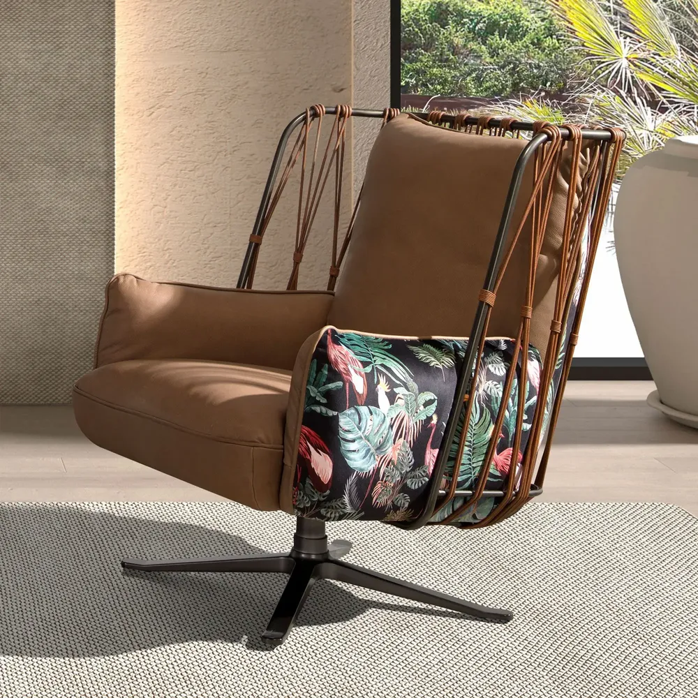 Fauteuils - Fauteuil pivotant en cuir et tissu marron imprimé - ANGEL CERDÁ
