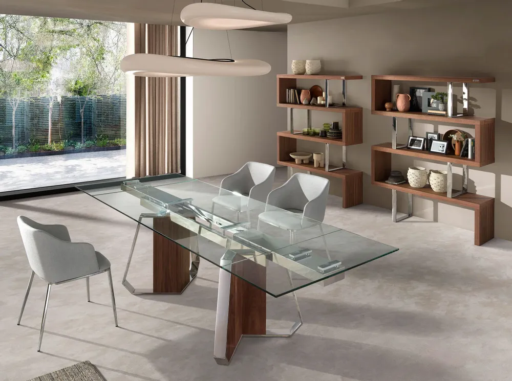 Tables Salle à Manger - Table de salle à manger rectangulaire à rallonge en verre trempé, noye - ANGEL CERDÁ