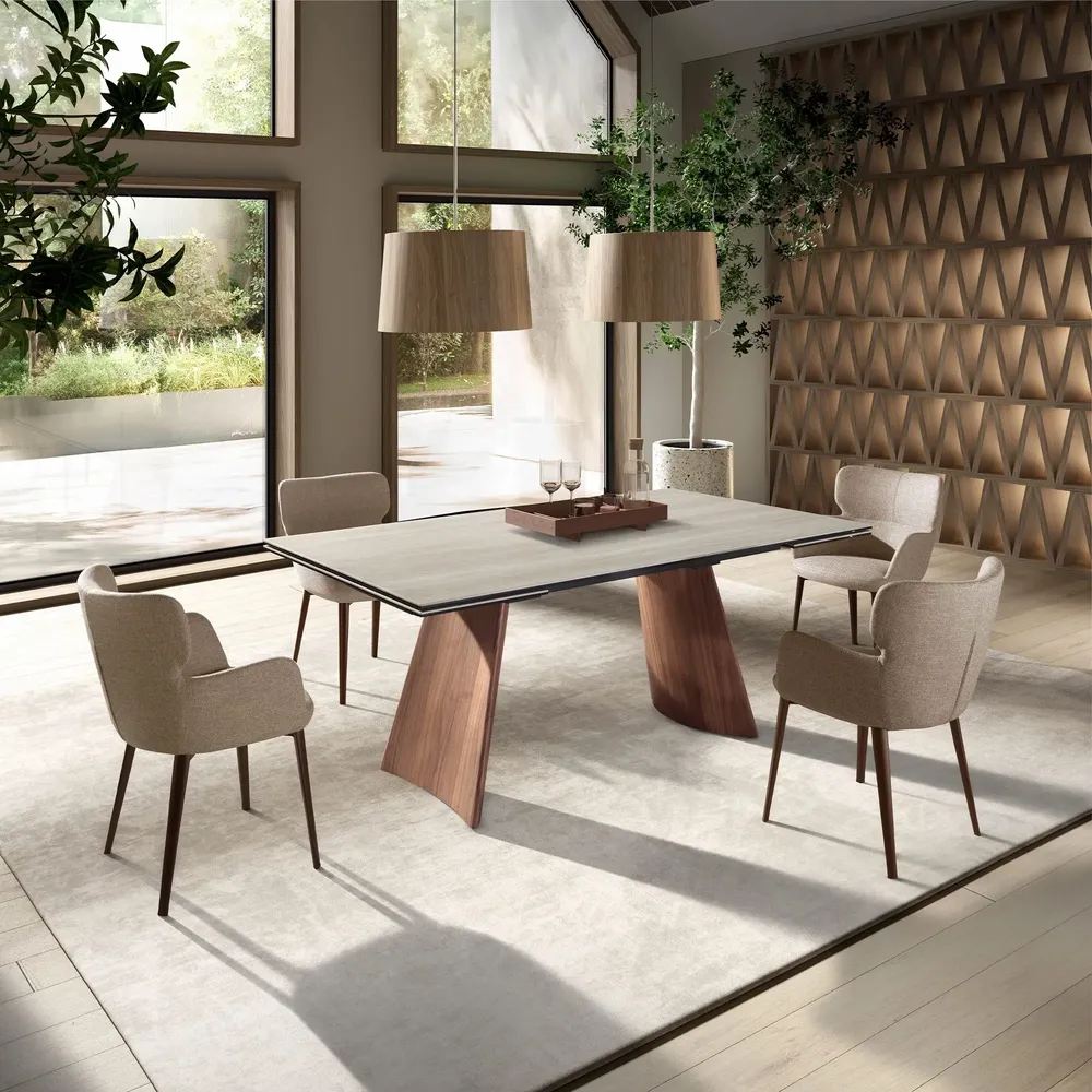 Dining Tables - Rectangular extending dining table in porcelain marble and walnut effe - ANGEL CERDÁ