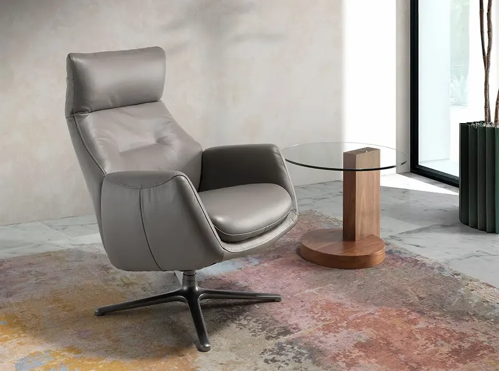 Armchairs - Reclining swivel armchair upholstered in grey leather and darkened steel - ANGEL CERDÁ