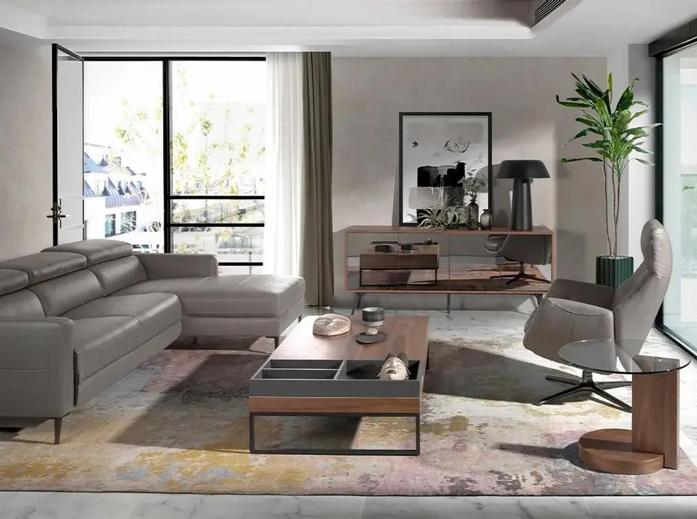 Armchairs - Reclining swivel armchair upholstered in grey leather and darkened steel - ANGEL CERDÁ