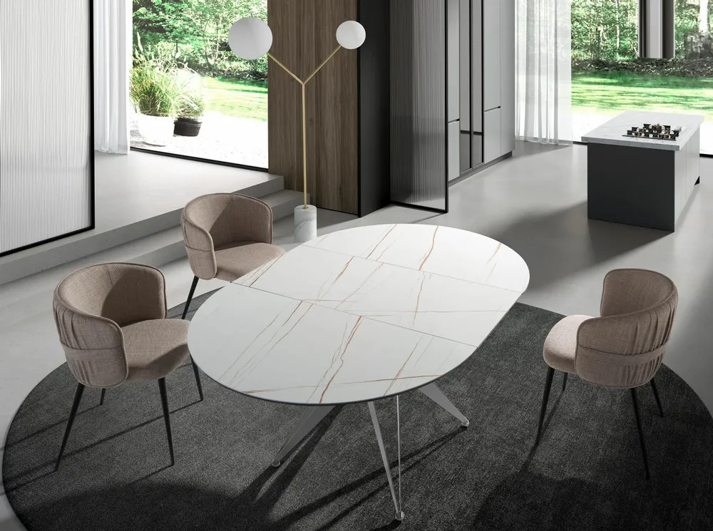 Dining Tables - Round extendable dining table in porcelain marble and grey steel - ANGEL CERDÁ