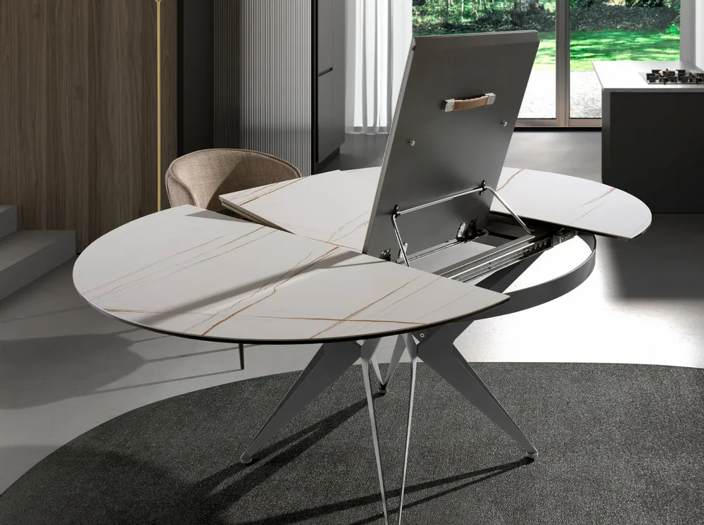 Dining Tables - Round extendable dining table in porcelain marble and grey steel - ANGEL CERDÁ