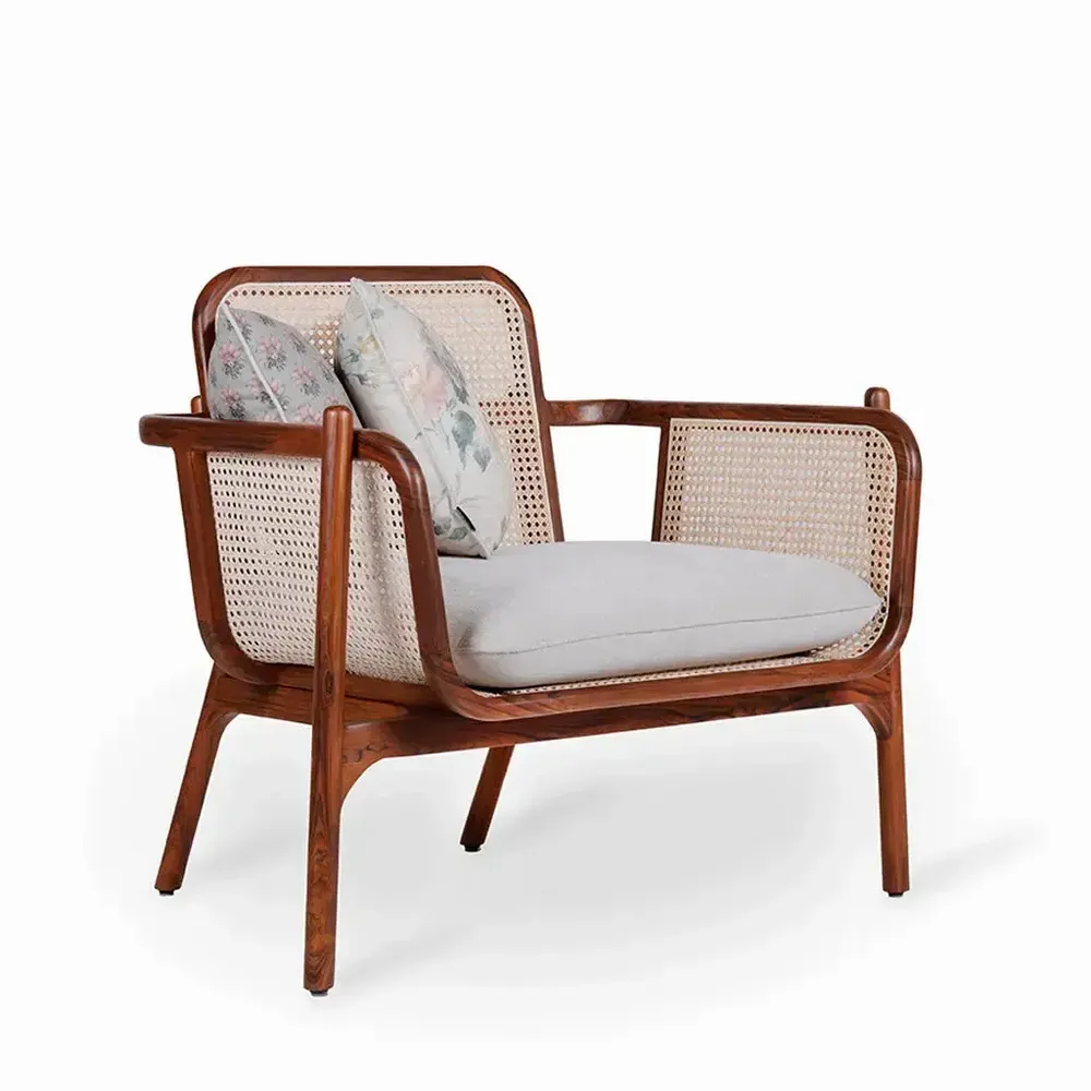 Chairs - Bango - Lounge Chair with White Fabric and Rattan - ALANKARAM