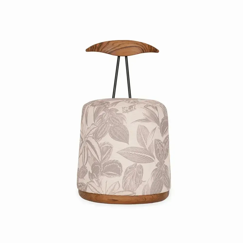 Chaises - Credu - Pouf et chaise en teck avec tissu imprimé crème - ALANKARAM