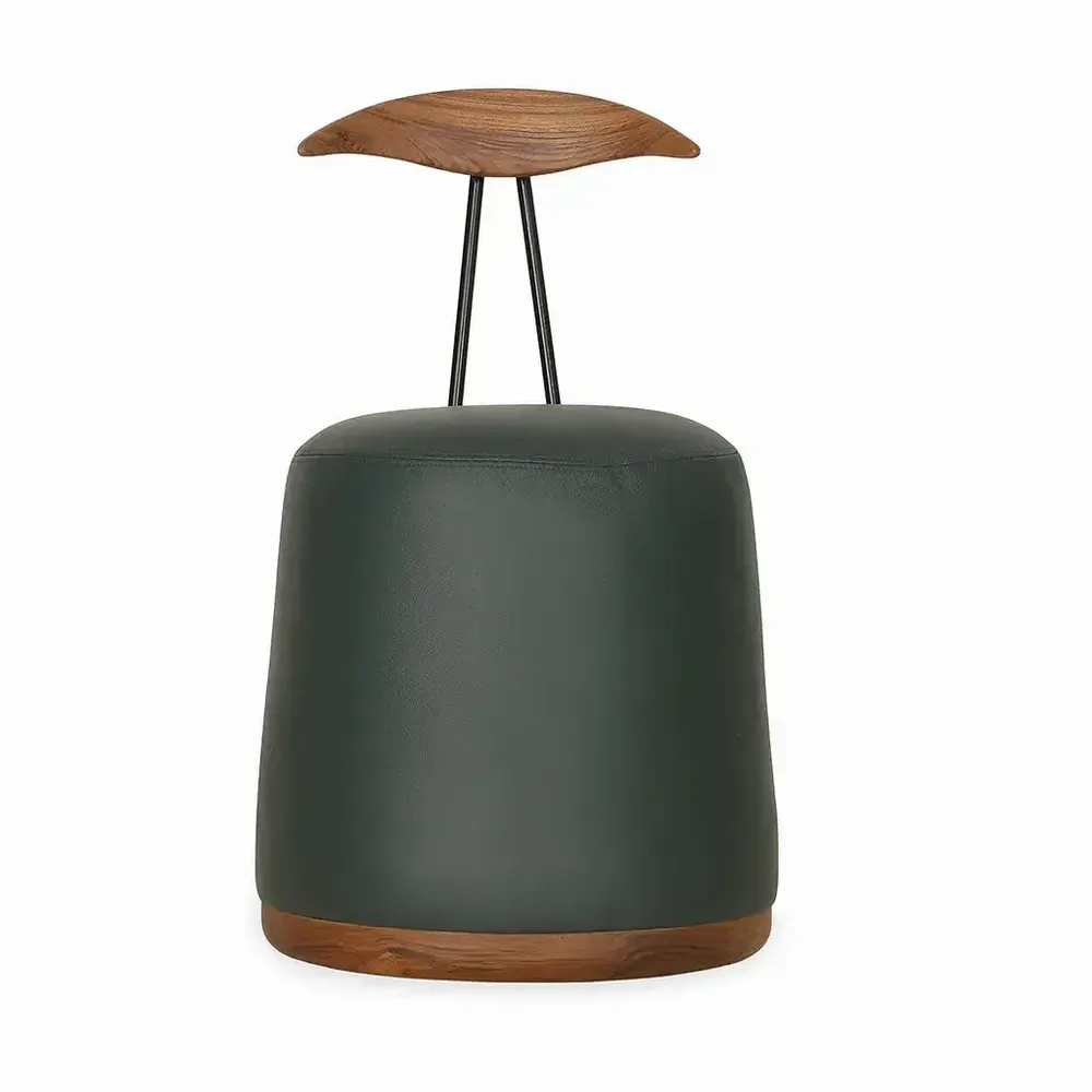 Chairs - Credu - Teakwood Pouffe cum Chair With Green Leatherette - ALANKARAM