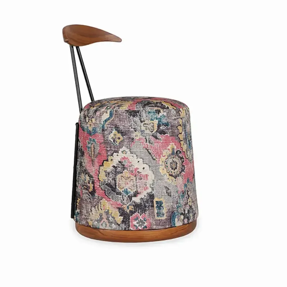Chairs - Credu - Teakwood Pouffe cum Chair With Printed Fabric - ALANKARAM