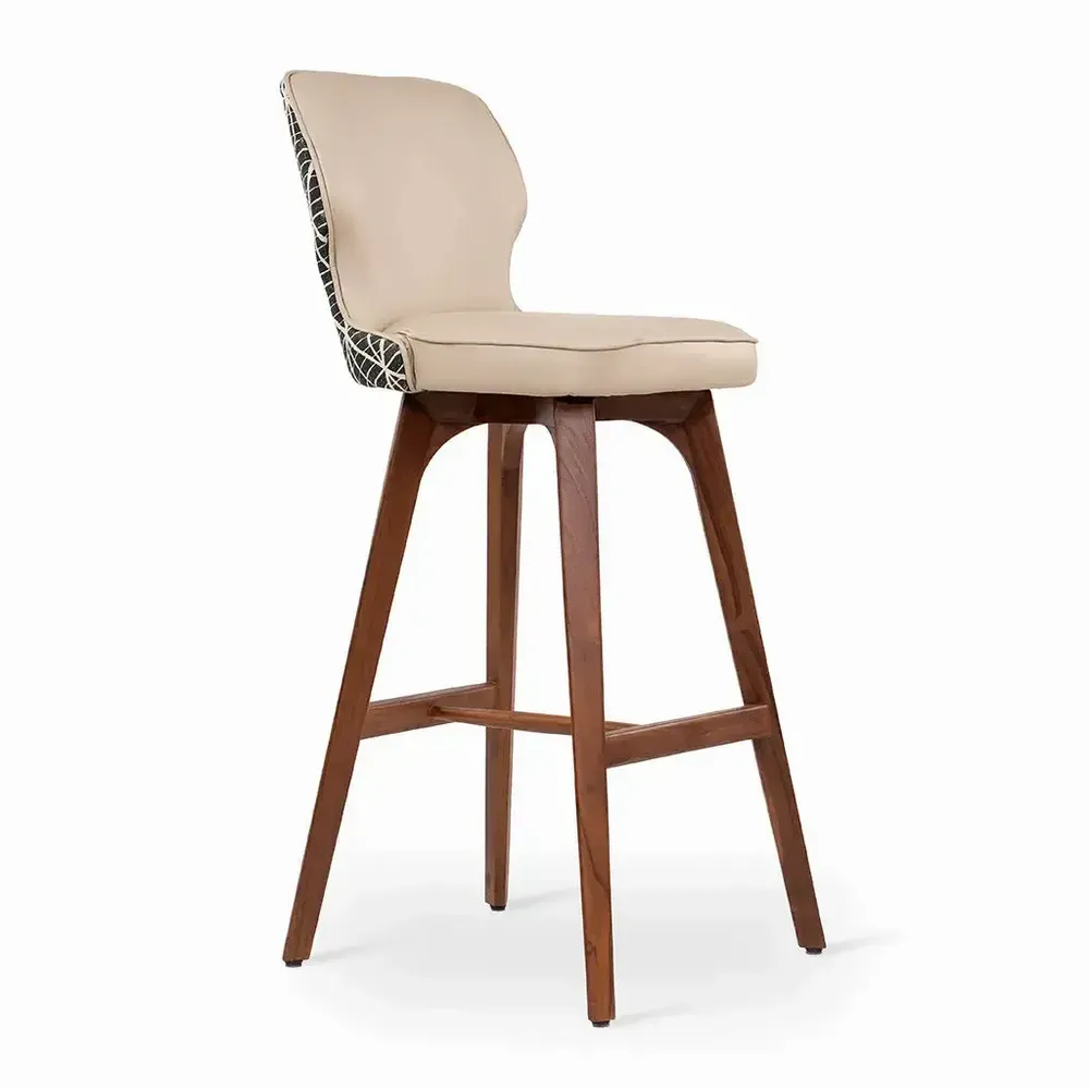 Chairs - Besili - Teakwood High / Bar Chair with Cream Leather - ALANKARAM
