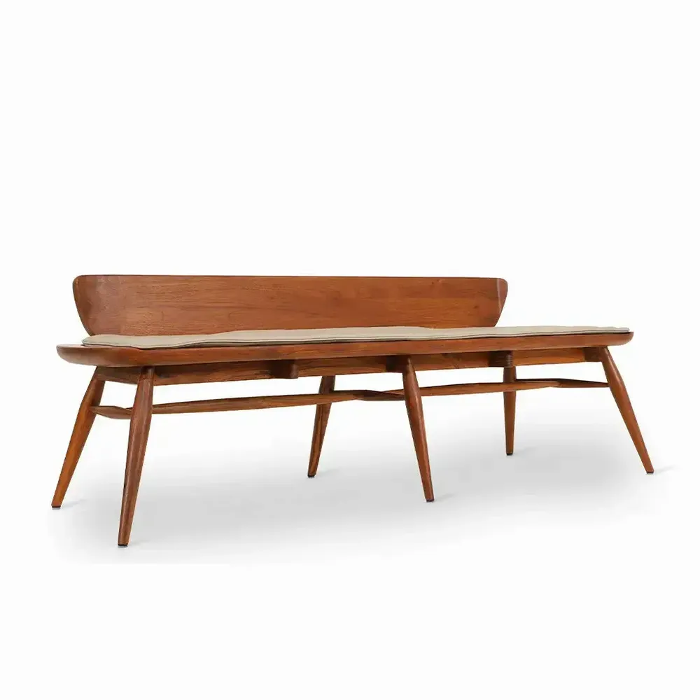 Benches - Buyuk Teakwood Bench with Grey Fabric - ALANKARAM